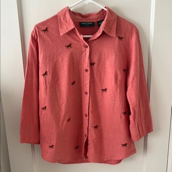 LEMON GRASS coral cotton Button-Up Shirt Horse Embroidery Rodeo western novel L - Picture 1 of 8